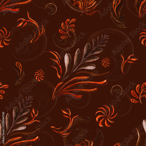 Watercolour autumn leaves ornament pattern. Luxury ornametal painting. Gentle brown seamless illustration