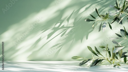 Abstract background photography, light and shadow of leaves, product presentation, pastel mint green wall, white table, showcase, front view, advertising mockup.