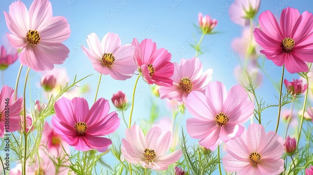 Fototapeta premium Beautiful pink cosmos flowers bloom under a blue sky.