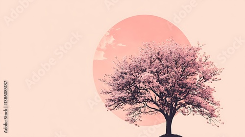 Obraz na płótnie Flowering tree in front of a pink circle sun illustration w salonie