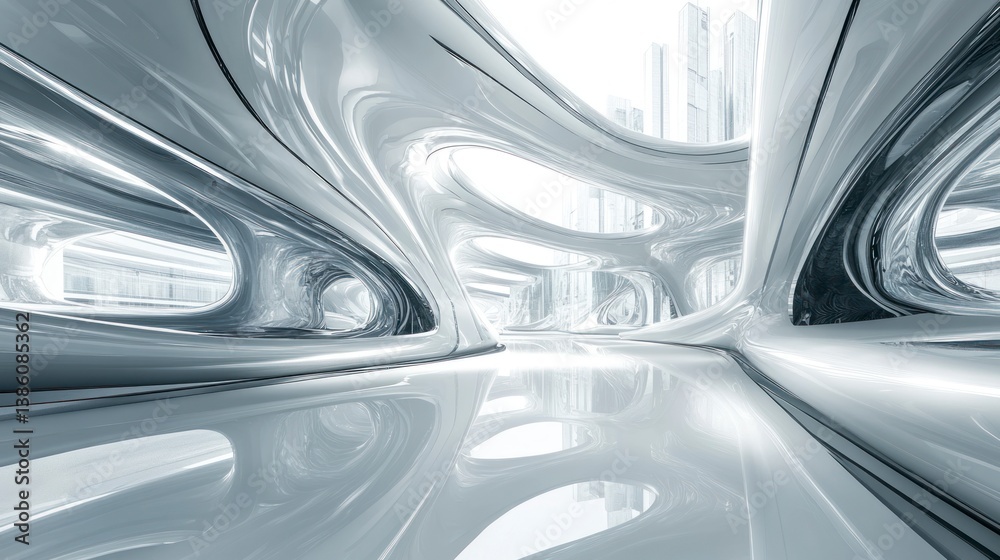 Exploring Modern Futuristic Architecture with Sleek Silver Interior and Cityscape Exploring Modern Futuristic Architecture with Sleek Silver Interior and Cityscape