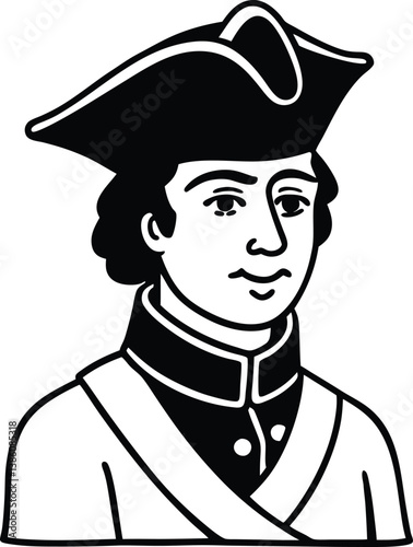 Minimalist Line Art Portrait of Man in Tricorne Hat on Transparent Background
