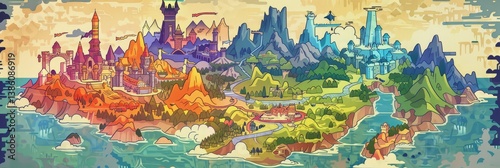 Colorful Fantasy Island Map - A vibrant illustration of a fantasy island map, showcasing diverse terrains and colorful castles. Perfect for game design or fantasy settings