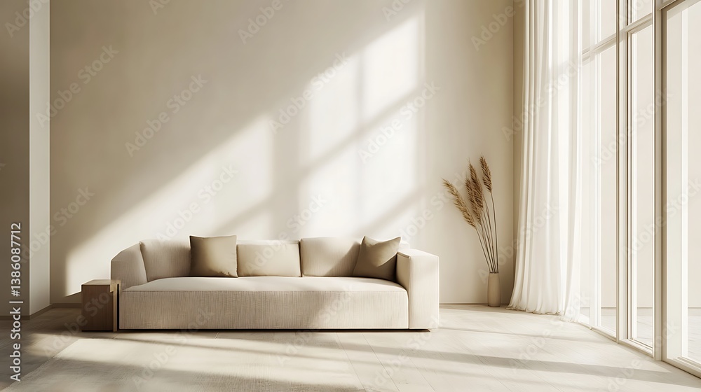 A modern living room features a neutral toned sofa and light