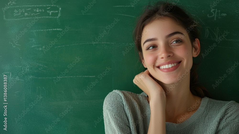 a beautiful young woman standing against a green chalkboard and smiling. a beautiful young woman standing against a green chalkboard and smiling.
