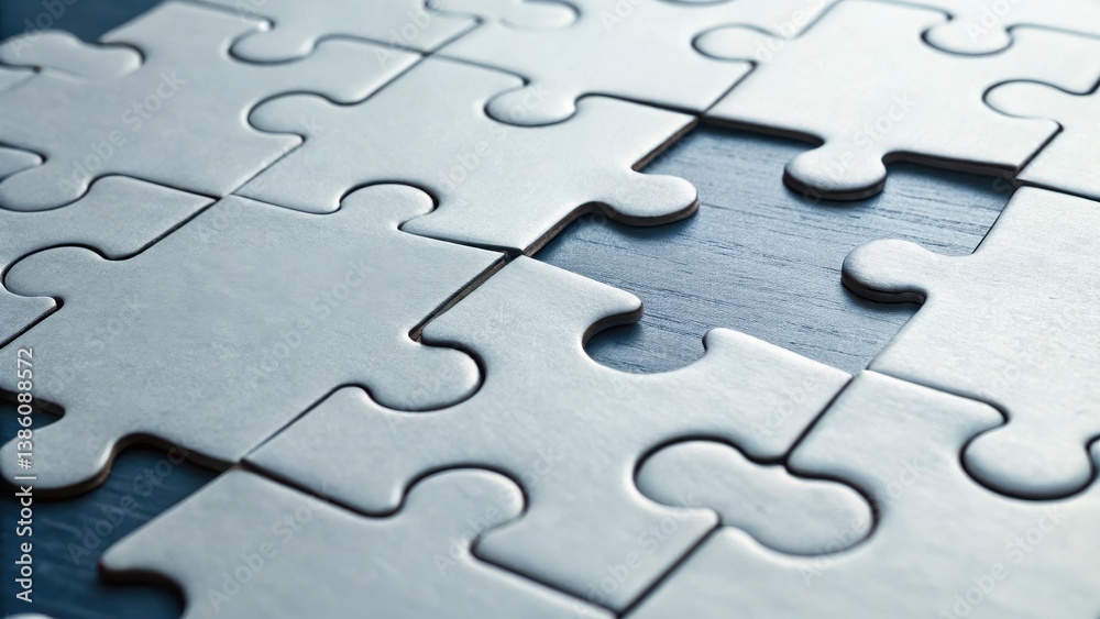 Close-up of interlocking puzzle pieces with one missing, suggesting a quest for completion and resolution. Close-up of interlocking puzzle pieces with one missing, suggesting a quest for completion and resolution.