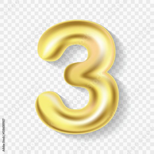 Editable realistic 3D illustration of gold balloon number 3. Gold balloon number 3 isolated. Vector Illustration of gold balloon number 3 on transparent background