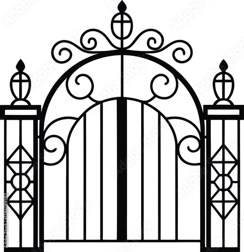Ornate Gate with Geometric Design in Black on Transparent Background Art