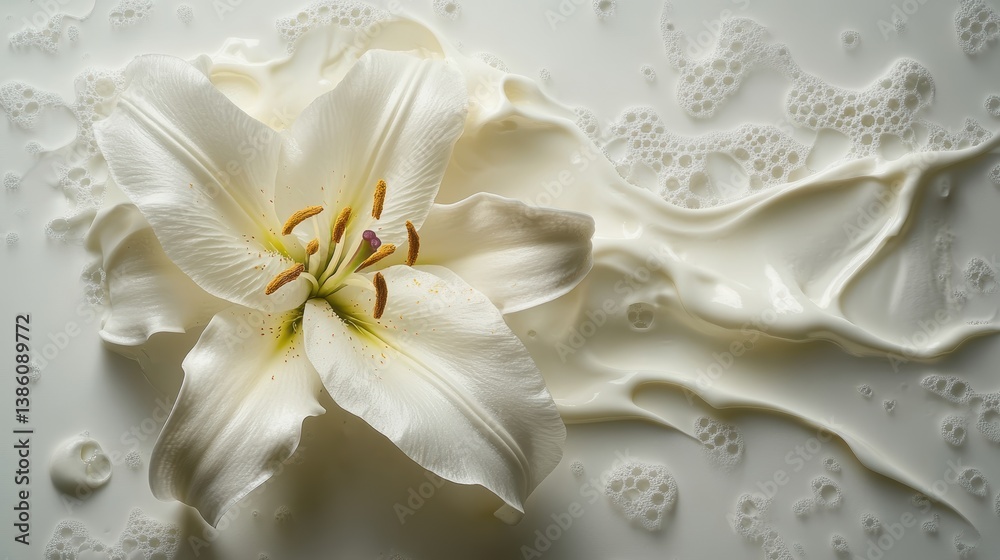 A high-angle view of a lily flower in full bloom, with its white petals and yellow center, on a white background