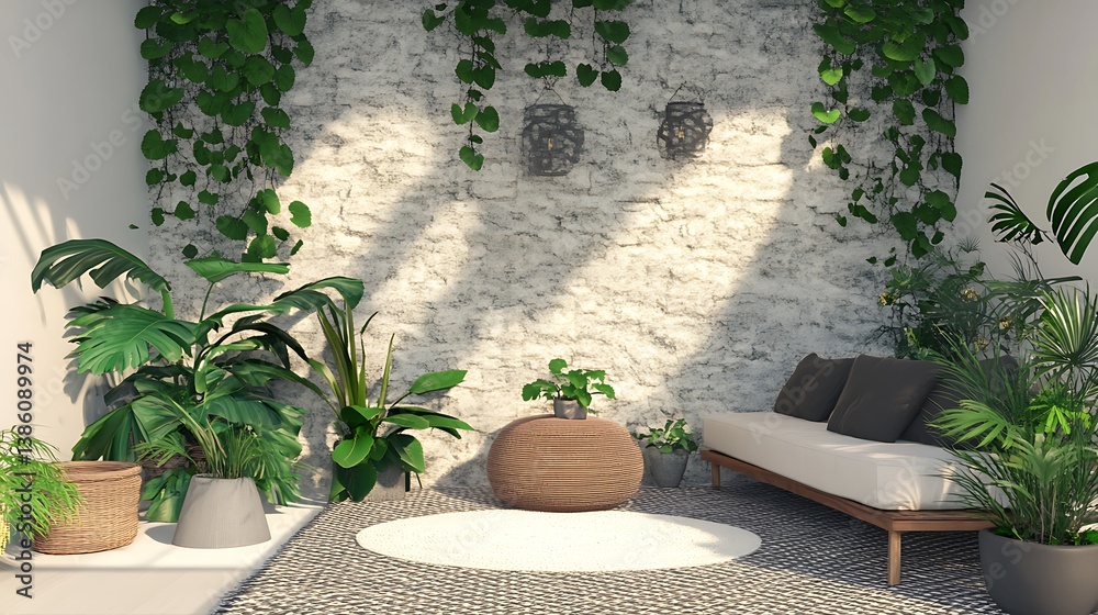 An indoor relaxation space filled with plants and natural light