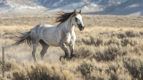Gray Dapple Horse Running Through Grassy Field with Mountains in Background