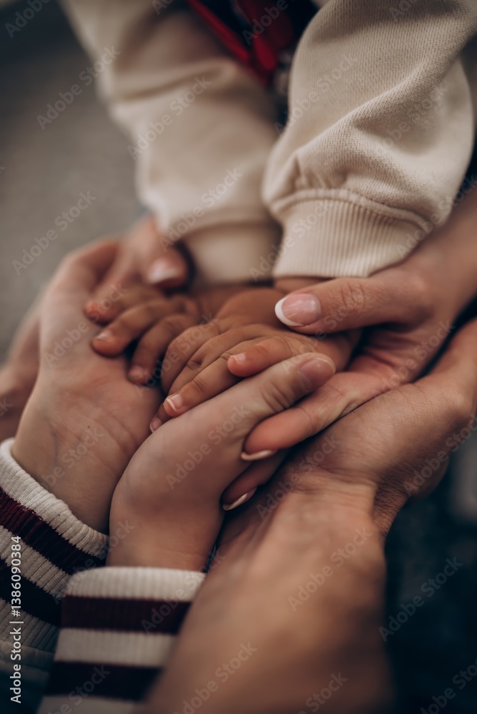 Fototapeta premium Three hands clasped together, child and adult, wearing white sweater and striped sleeves. Soft focus, neutral background. Concept of family, unity, and connection.