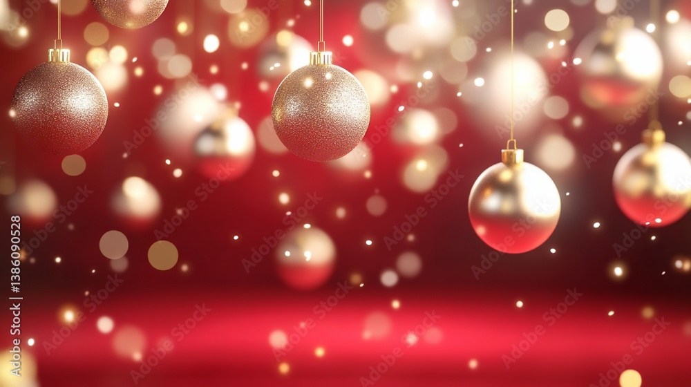 Gold ornaments hanging, red background, bokeh, winter holiday card Gold ornaments hanging, red background, bokeh, winter holiday card