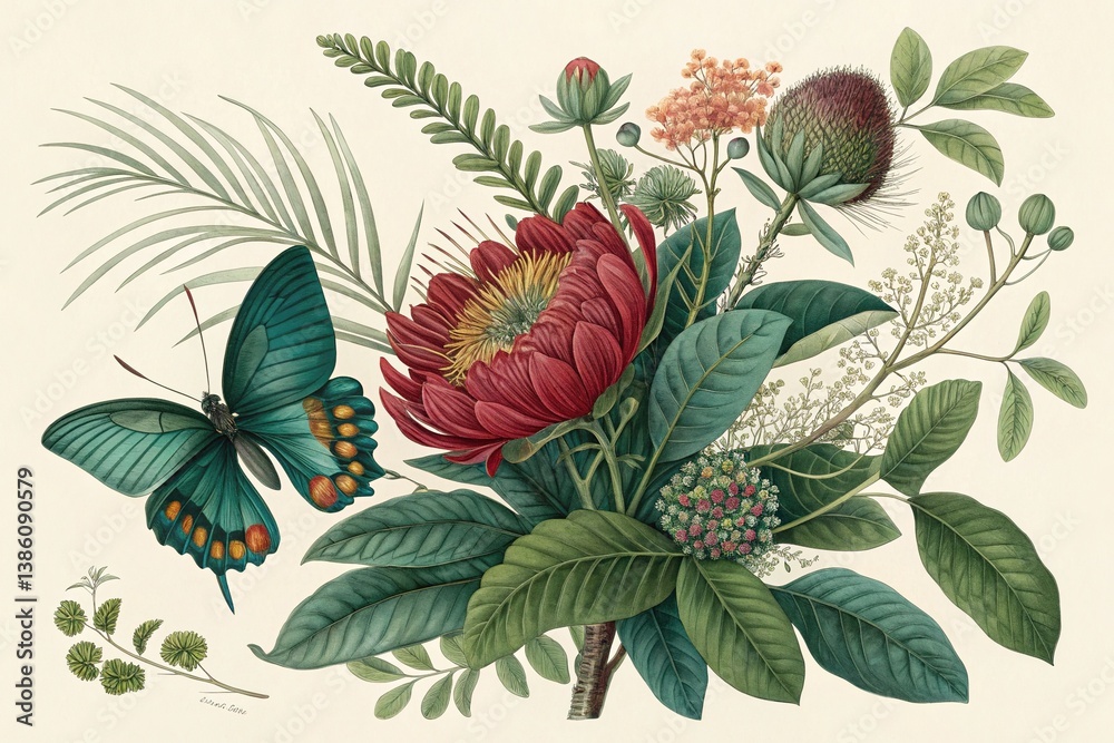 Fototapeta premium Exquisite Botanical Illustration Featuring a Vibrant Protea Flower and a Teal Butterfly