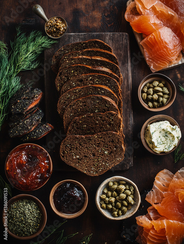 Rustic still-life of pumpernickel slices with smoked salmon, herb butter, and capers. Styled on walnut wood with vintage tones for a cozy, artisanal appetizer scene.