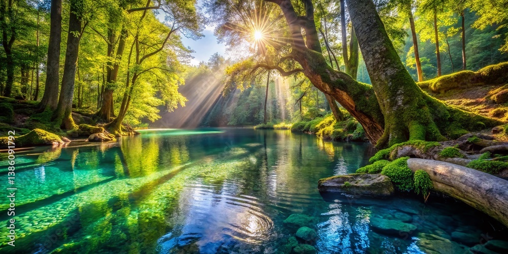 Naklejka premium Sun-dappled Swimming Hole with Ancient Tree Trunk