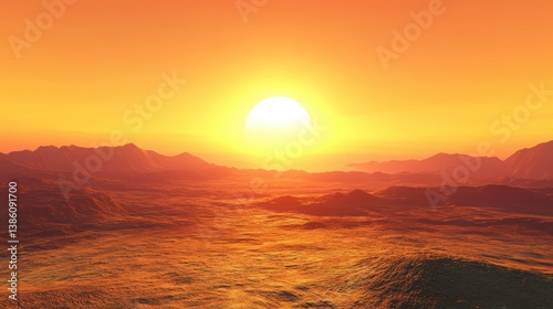 A beautiful sunset over a vast desert with golden sand dunes and a brilliant orange sky.