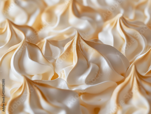 Artisan meringue captured in a light-filled close-up. Delicate textures, golden sheen, and cloud-like swirls highlight its handcrafted beauty and gourmet appeal.
