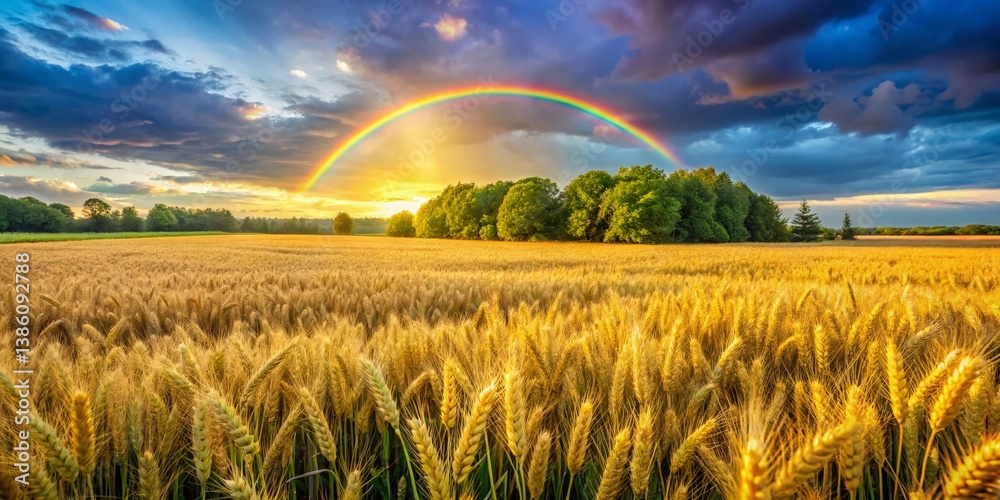 Obraz premium Sun-Drenched Wheat Field with Rainbow - Stunning Bokeh Landscape Photography