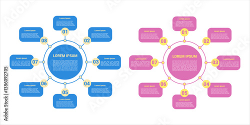 Infographic template rectangles around circle, 8 steps. Graphic elements for presentation and business processes