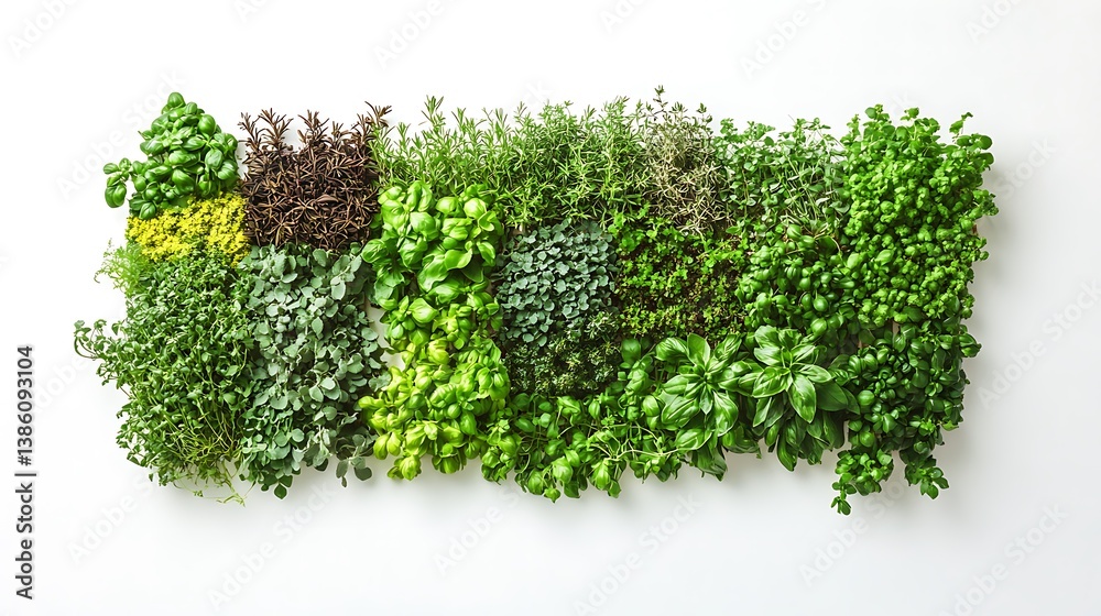 Assortment of various fresh herbs arranged against a white background