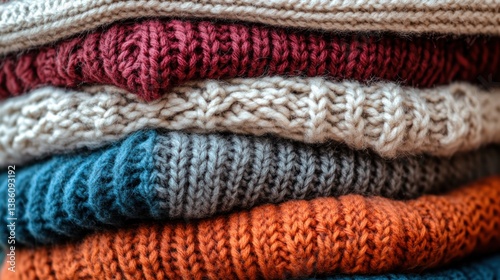 A close-up of a stack of cozy knitted scarves in various shades of winter colors.