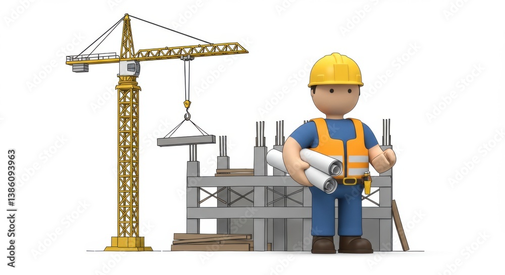 Construction Worker with Plans at Building Site with Crane Cartoon Construction Worker with Plans at Building Site with Crane Cartoon