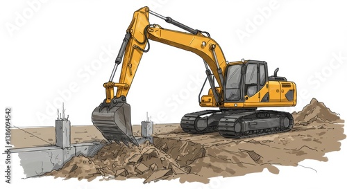Excavator Digging Soil on Construction Site for Foundation Work