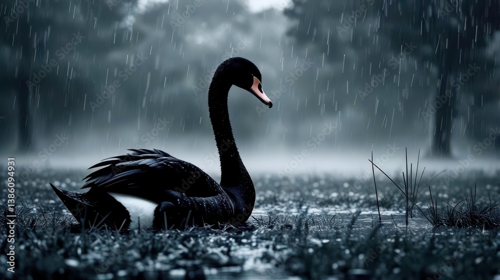 Obraz premium A black swan is standing in a wet field