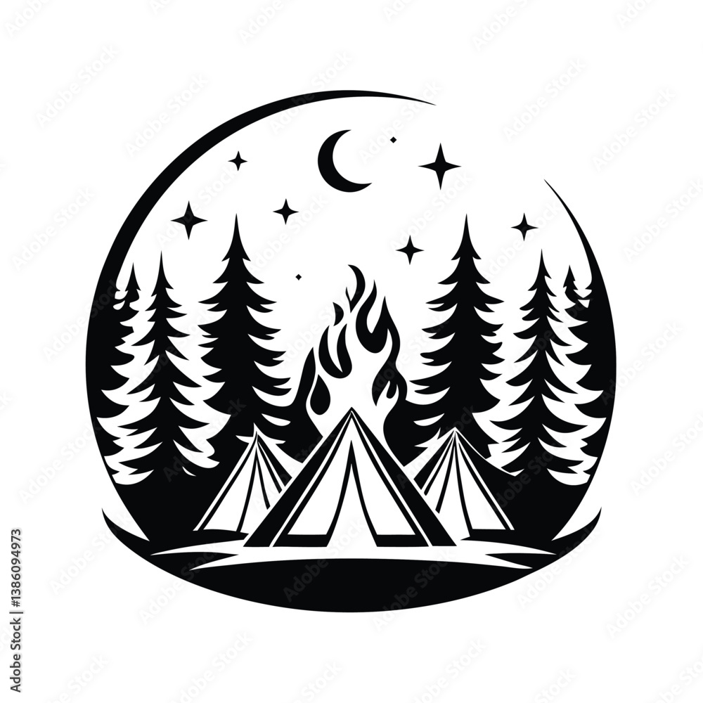Obraz premium Camp Tents Pine Trees Silhouette With Fire & Moon