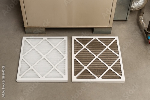 Two metal air vent covers lay on a textured floor, showcasing a diamond pattern, one clean and the other dirty, illustrating maintenance needs.