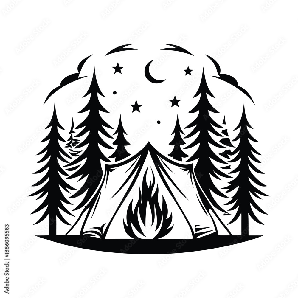 Obraz premium Camp Tents Pine Trees Silhouette With Fire & Moon
