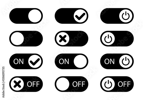 Set of black and white toggle switch icons with ON/OFF states, check marks, crosses, and power symbols. Simple UI elements for apps, websites, and interface design. Vector illustration.p