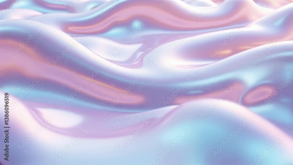 Holographic iridescent abstract fluid waves with pastel gradient colors. Soft flowing metallic shimmer texture with pearl like glow. Dreamy futuristic minimal aesthetic with smooth curves and elegant