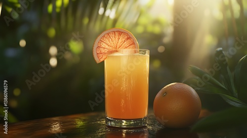 A refreshing citrus cocktail served in a glass, garnished with a slice of grapefruit, surrounded by tropical foliage and warm sunlight illuminating the scene photo