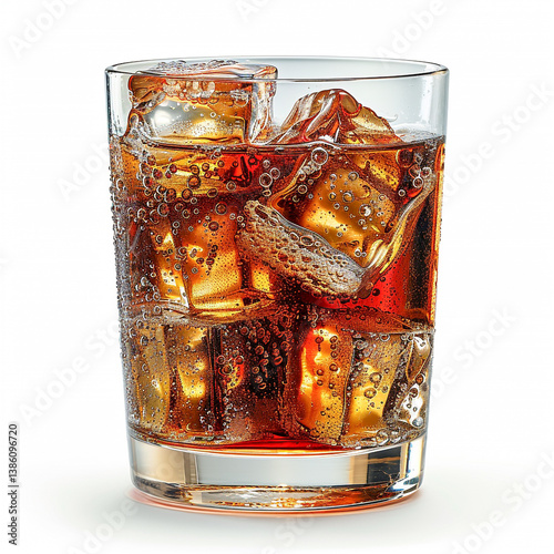 Classic Cola Drink in Glass with Ice Cubes – Fizzing Bubbles, Perfect Transparency & Condensation on Pure White Background

