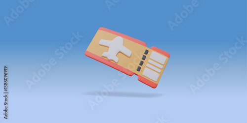 3D Stylized Travel Ticket - Airplane Icon, Flight Ticket, Boarding Pass, Vector Illustration