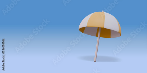 3D Stylized Beach Umbrella - White and Yellow Sunshade, Tropical Vacation Accessory, Vector Illustration