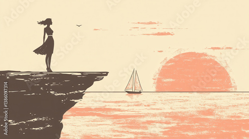Graceful figure of a woman in retro beachwear, standing on a chalk cliffside edge, her silhouette backlit by the afternoon sun