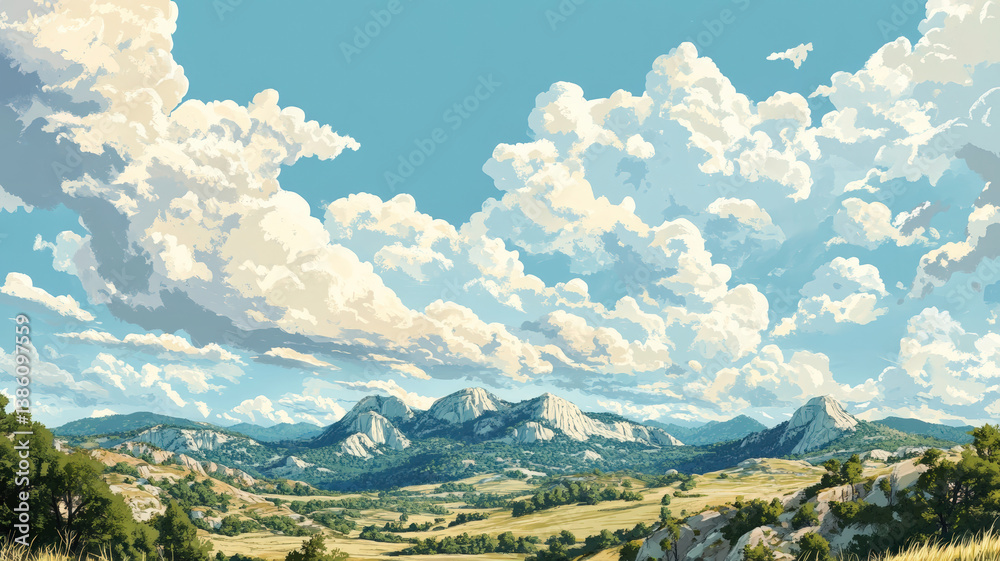 Scenic mountain landscape under blue sky with fluffy clouds and rolling green hills in summer light