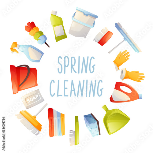 Round frame, design element on the theme of spring cleaning. Cleaning set, cleaning tools, cleaning agent, vector illustration. Spring cleaning, cleaning, cleanliness in the house.