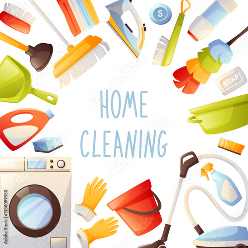 Square frame, design element home cleaning. Cleaning set, cleaning tools, cleaning agent, vector illustration. Spring cleaning, cleaning, cleanliness in the house.