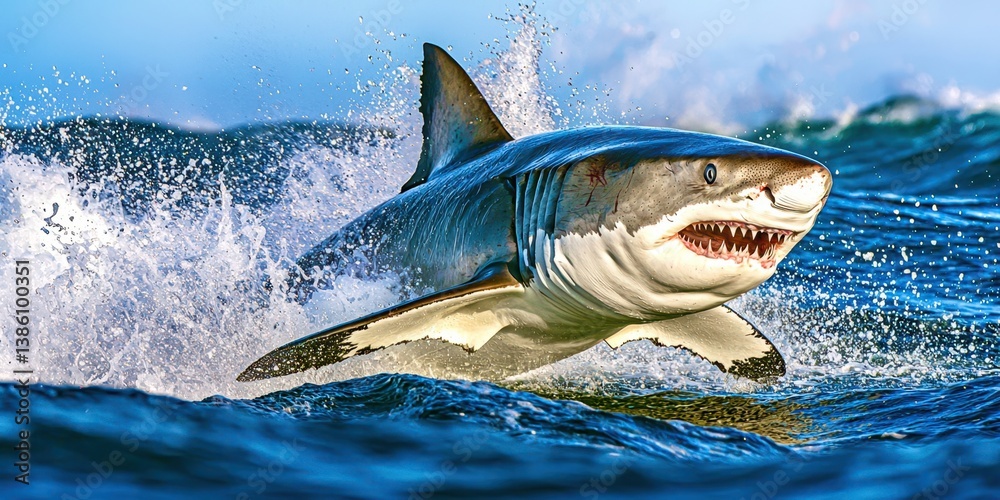 Fototapeta premium A shark is shown with its mouth wide open, showing its teeth
