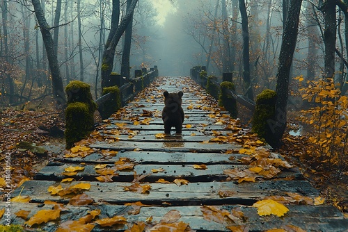 A misty forest with a moss-covered wooden bridge, autumn leaves scattered, and golden sunlight filtering through dense trees