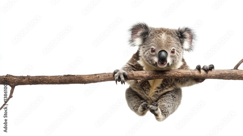 Fototapeta premium Cute Koala Hanging on a Tree Branch on White Background