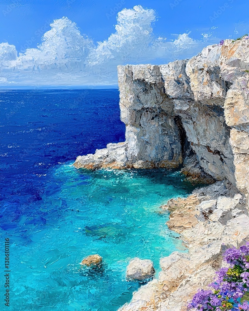 Fototapeta premium Serene Coastal View with Crystal Clear Water and Rocky Cliffs under a Blue Sky; Minimalist Nature Inspiration for Tranquil Settings