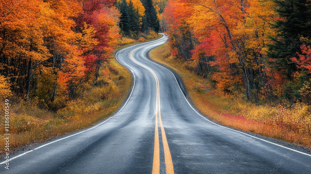 Naklejka premium Autumnal Road Trip: A Scenic Drive Through Vibrant Fall Foliage
