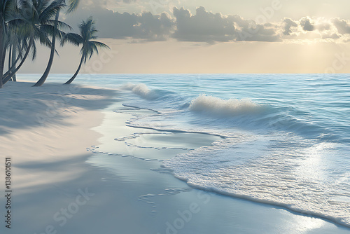 Tropical beach with palm trees and ocean waves at sunset photo