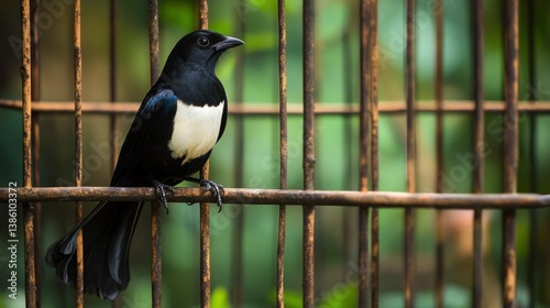 Black and White Magpie Bird Perched Inside Cage Detail Shot
