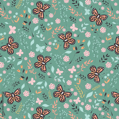 Bright cartoon background with flowers and butterflies in doodle style. Vector seamless pattern with flowers, leaves, branches and butterflies. Texture for home and children's textiles, decor